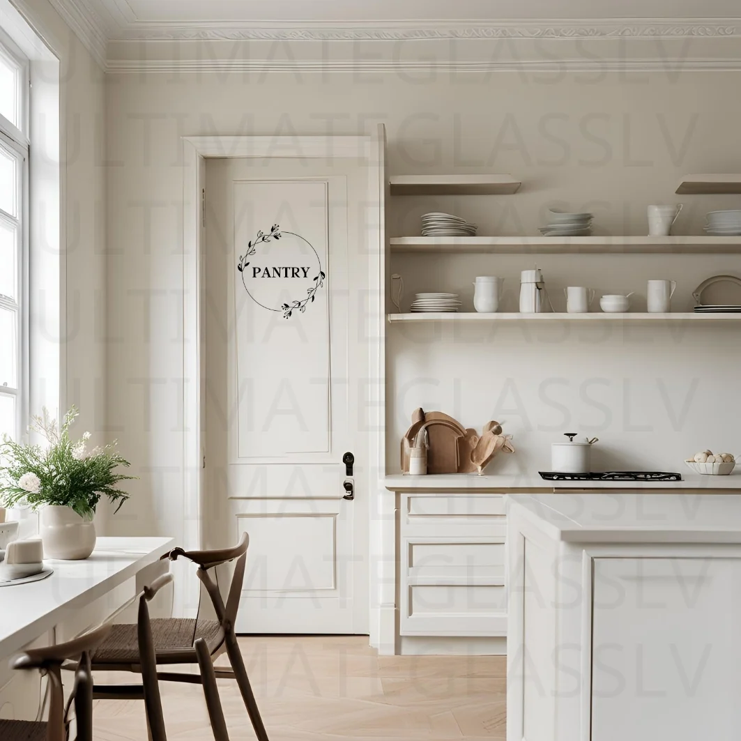 Pantry Door Decal SVG – Printable Vinyl Cut File (PNY-01) 4 Pantry door with etched glass circle laurel design in modern kitchen.