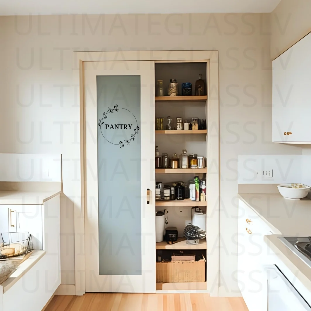 Pantry Door Decal SVG – Printable Vinyl Cut File (PNY-01) 5 Pantry door with etched glass circle laurel design in modern kitchen.
