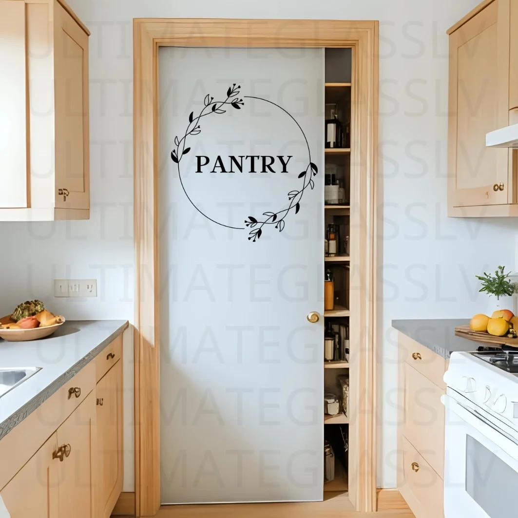 Pantry Door Decal SVG – Printable Vinyl Cut File (PNY-01) 2 Pantry door with etched glass circle laurel design in modern kitchen.