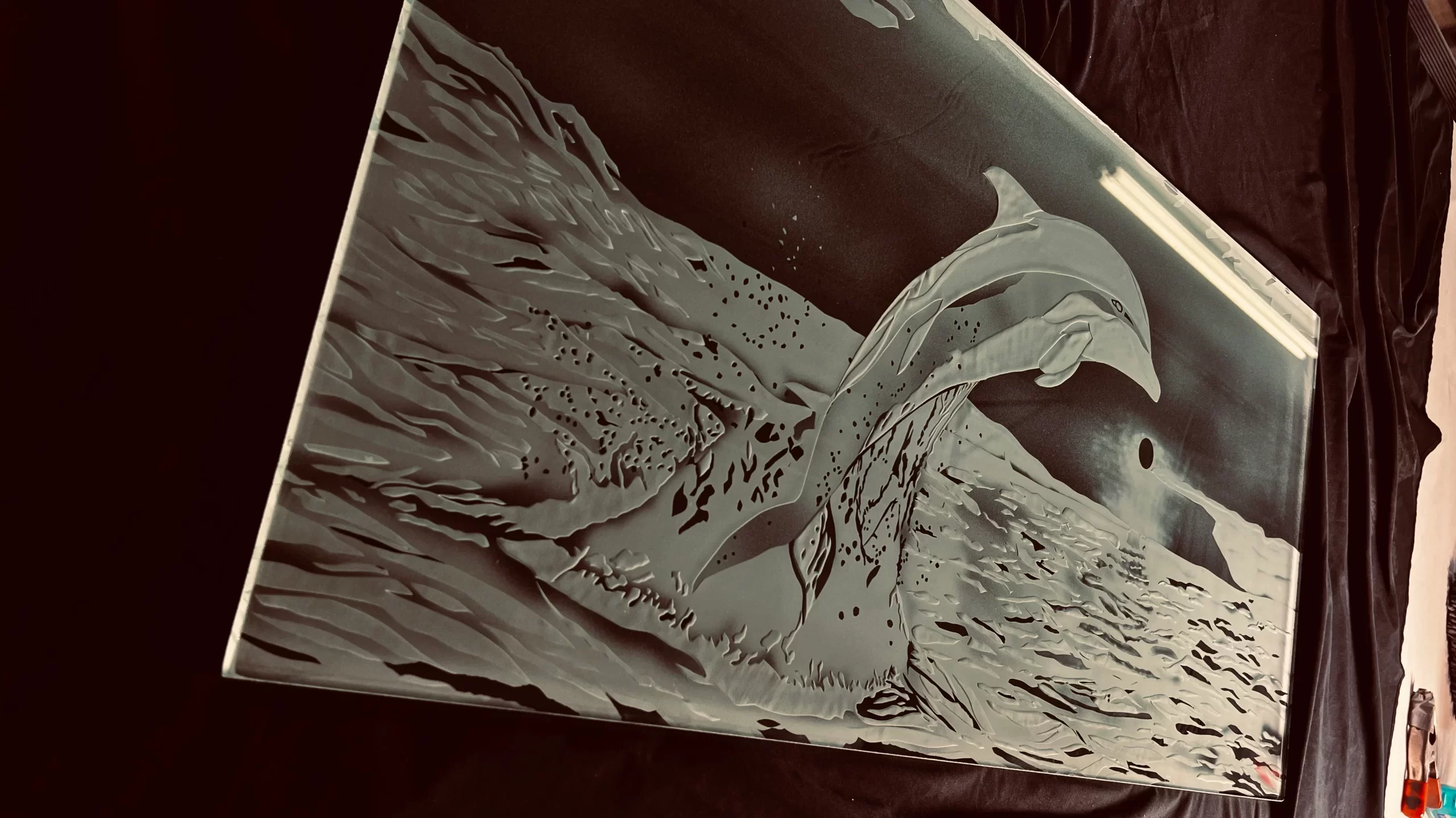 Etched dolphin with light reflection