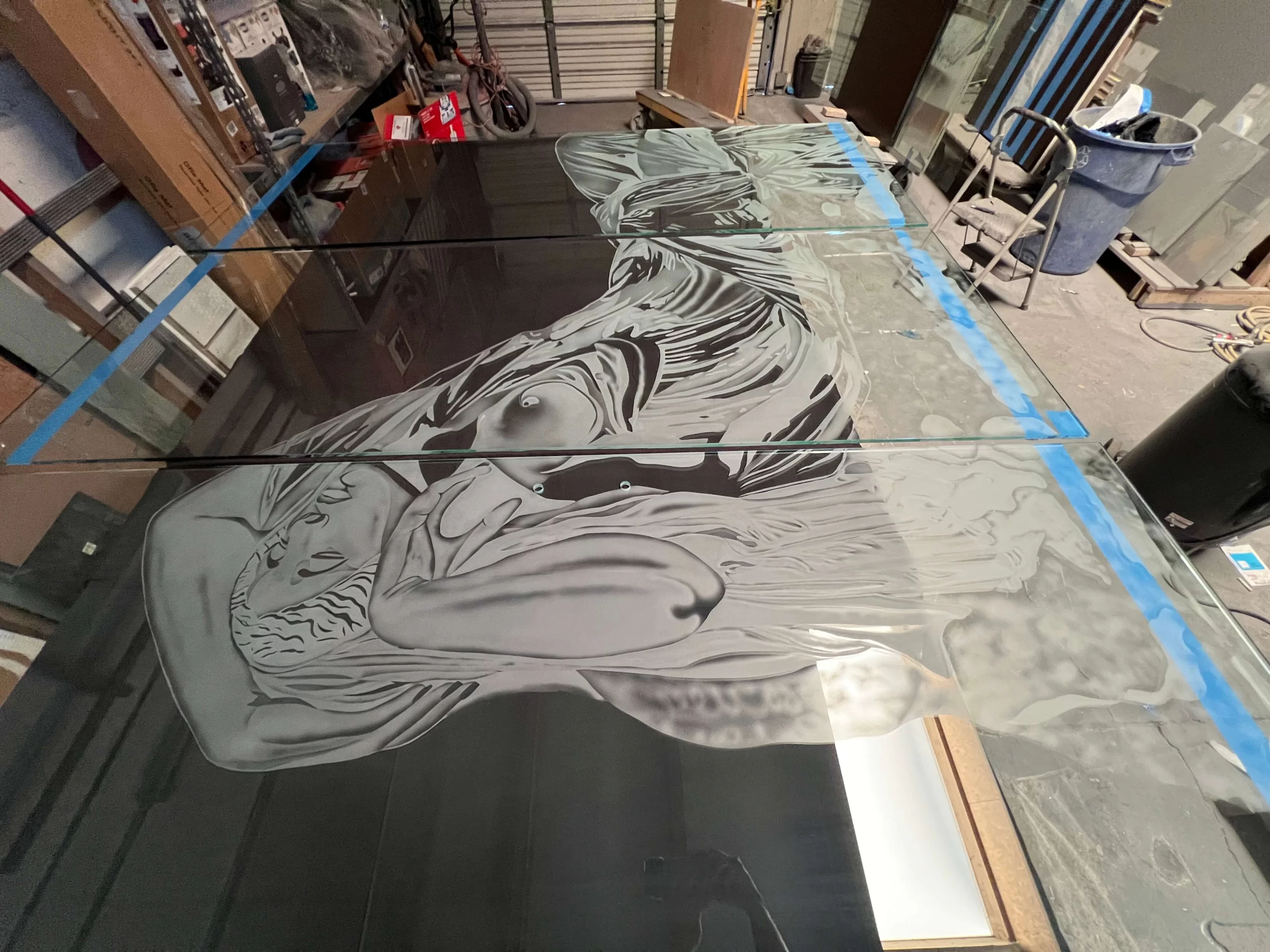 Installed etched glass Ariadne panel