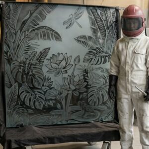 Tropical Sandblasted Glass : Bringing a Lush Botanical Garden Indoors 10 Artist carving custom tropical sandblasted glass