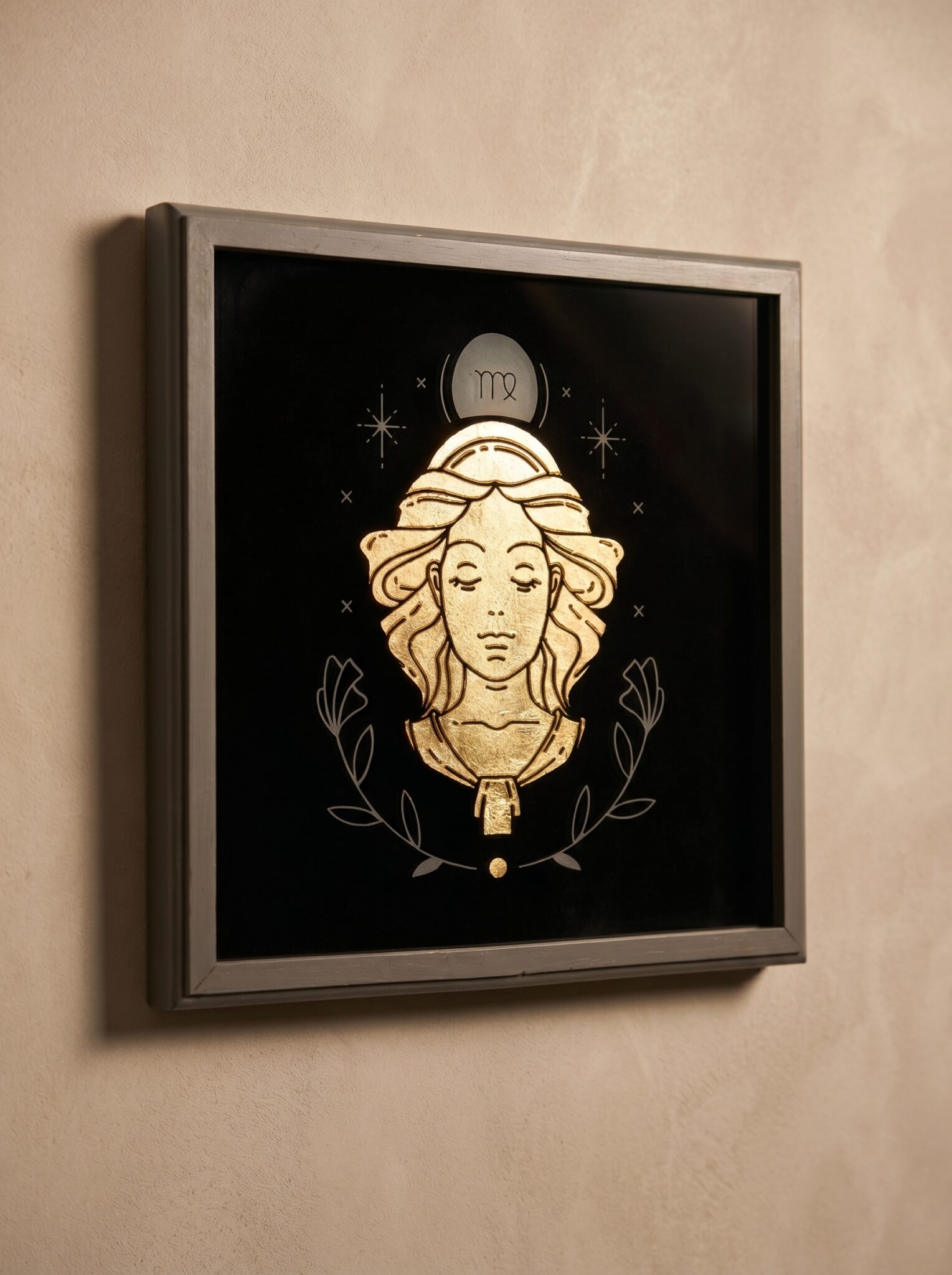 Virgo Gold Leaf Glass Etching | Zodiac Wall Art 1 virgo gold leaf glass etching handmade zodiac wall art black velvet