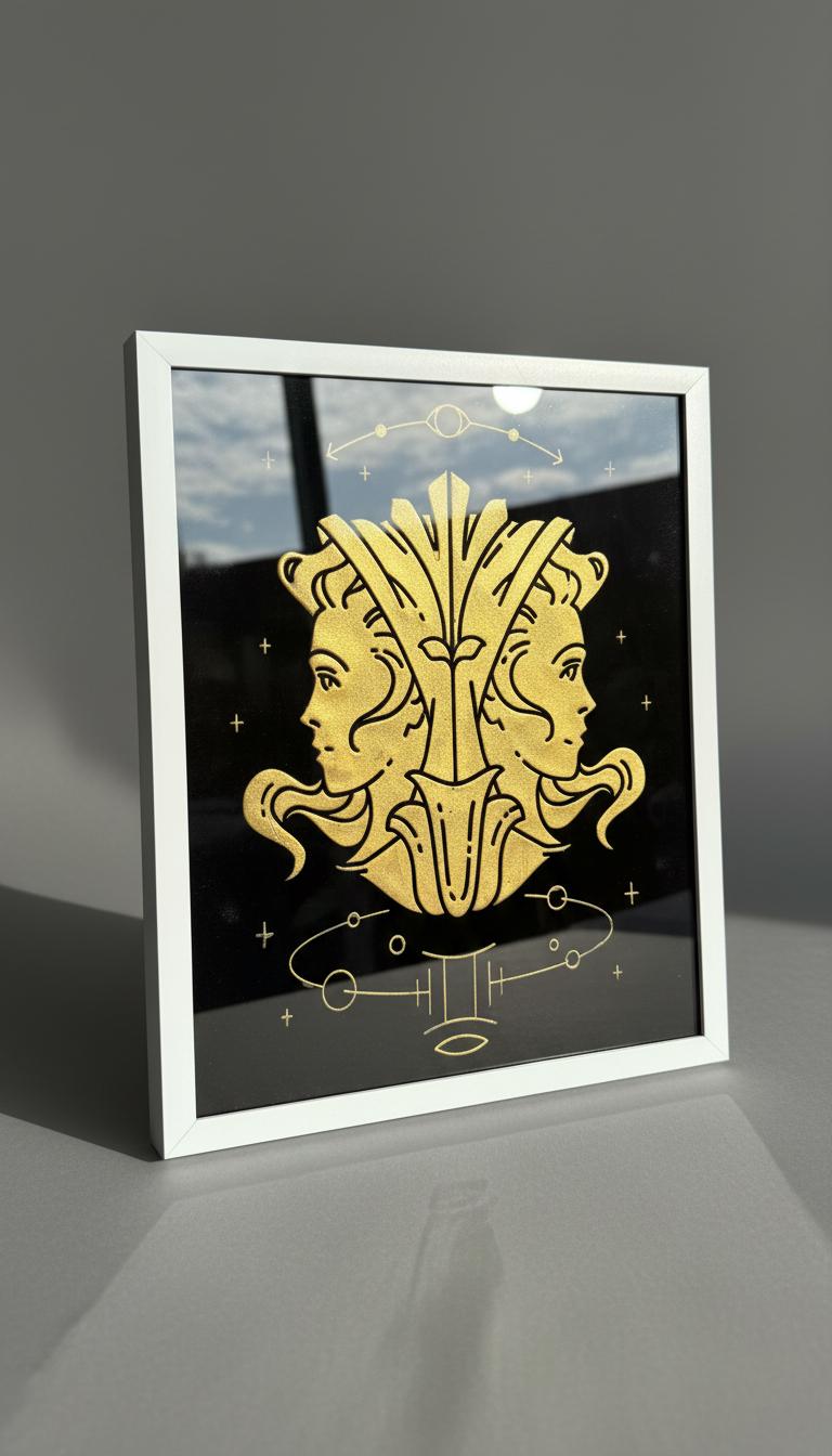 Gemini Zodiac Wall Art 2 Gemini Zodiac Wall Art – Luxury Gold Leaf Glass | Ultimate Glass Etching