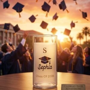 Glass vase with a frosted panel showing the initial "S," a graduation cap, the sample name "Sophia" and "Class of 2026," on a table in front of graduates tossing caps at sunset