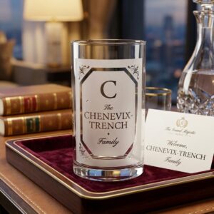 Clear glass vase with a frosted monogram panel reading "C, The Chenevix-Trench Family" as sample personalization, on a velvet tray beside a welcome card, books and a crystal decanter